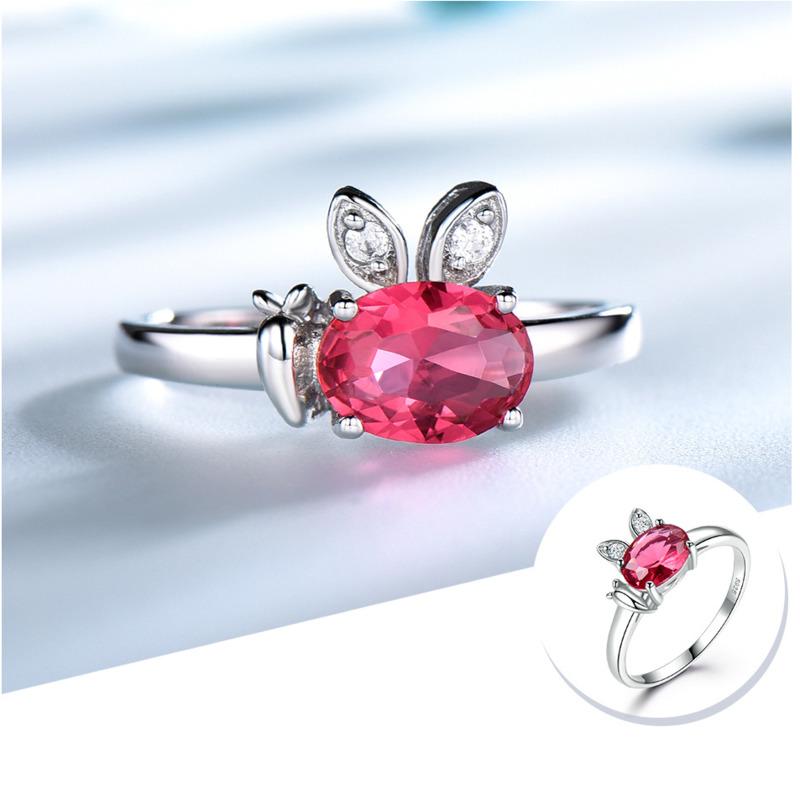 Gica Gema Created Ruby Genuine 925 Sterling Silver Ring For Women Red Gemstone Engagement Vintage Wedding Bands Cute Rabbit Jewelry