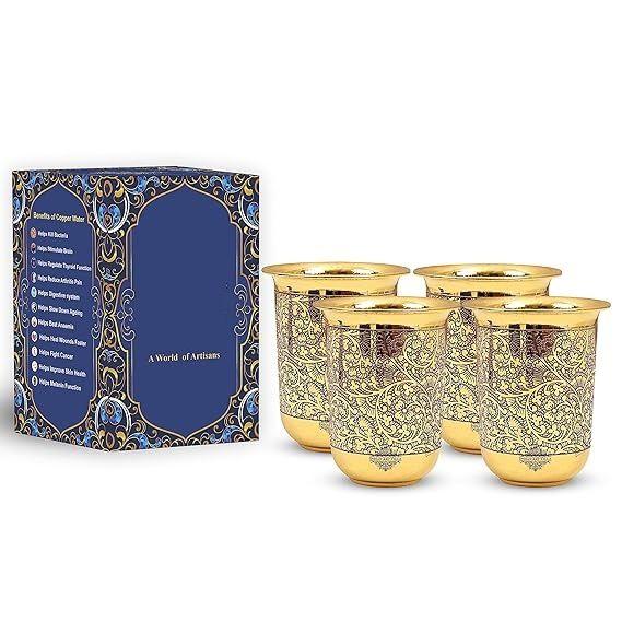 Reiner Messingbecher mit floralem Rankendesign, zum Trinken Servieren von Wasser, Yoga & Ayurveda,