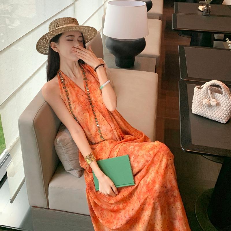 High-end Printing Neck-hanging Thin Dress High-end Design Lazy Women's Summer Vacation Dress Beach Dress