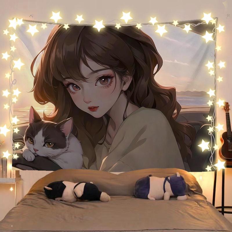 Anime Girl with Cat Kawaii Wall Tapestry Polyester Wall Hanging for Bedroom Living Room Dorm Cute Home Decor 100X70CM