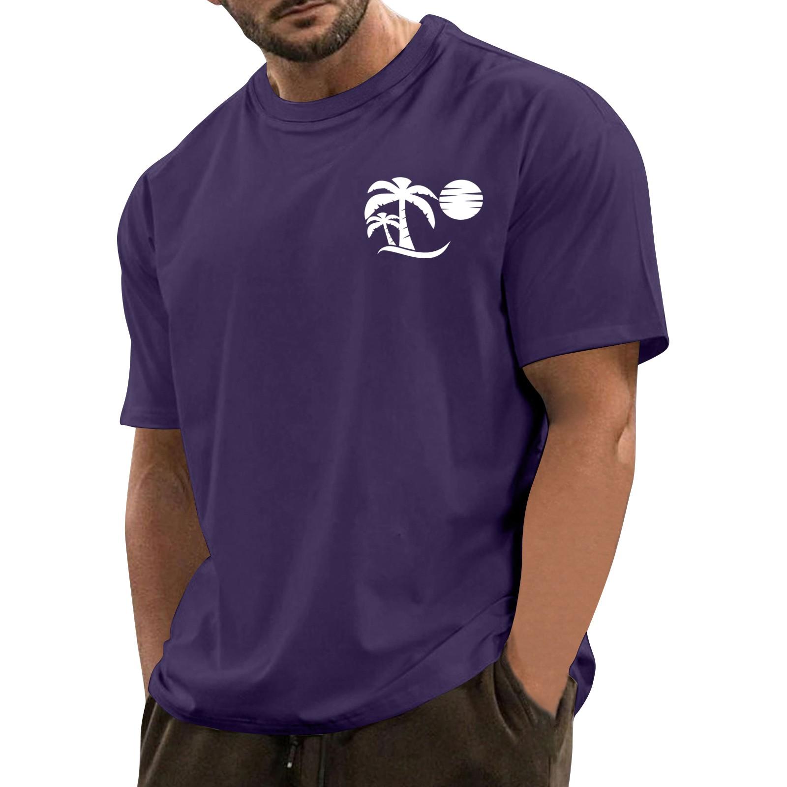 

Men s Fashionable Casual Hawaiian Print Round Neck Short-Sleeved T-Shirt Top M фіолетовий