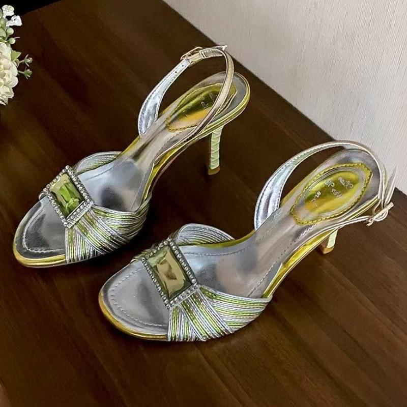Fashion Luxury Rhinestone Narrow Band Brand High Heeled Sandals Women Bling Gemstone Buckle Designer Shoe Elegant Pointed Toe Dress Shoe