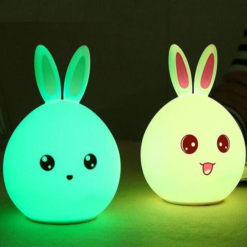 Silicone LED Night Light, Cute Rabbit Nursery Lamp, Tap Control 7-Color Breathing Light for Children, USB Rechargeable