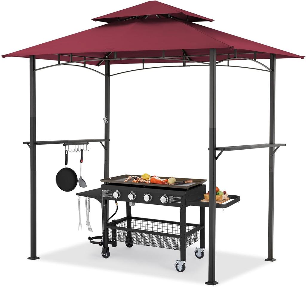 YODOLLA BBQ Gazebo - Double-Tier Canopy, Rust-Resistant Steel Frame, Side Shelves with Hooks 2,4m×1,5m - Gray