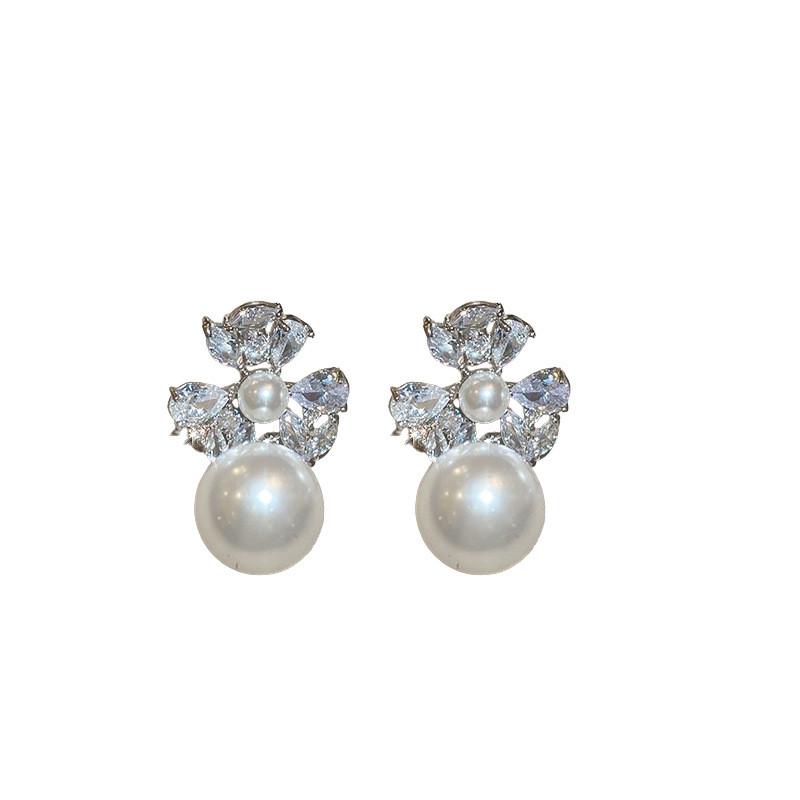Elegant Floral Silver Plated Zircon Pearl Dangle Earrings For Women Home Party Wear