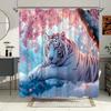 Majestic White Tiger Shower Curtain - Snowy Rock, Pink Cherry Blossoms, Soft Pastel Sky, Fantasy-Elegant Design