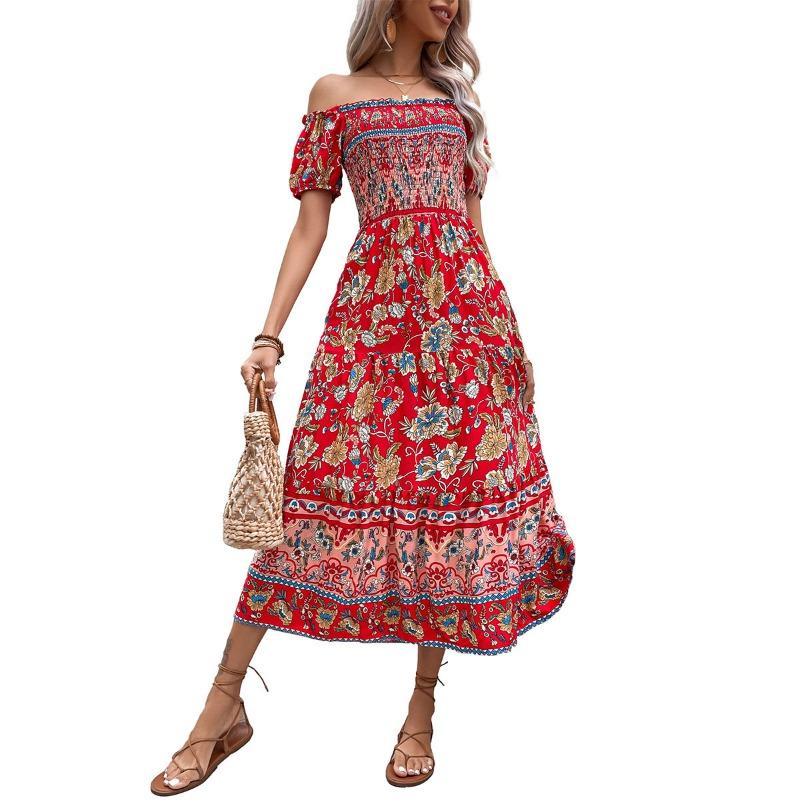 Women's Summer Vintage Ethnic Vacation Off-the-Shoulder Print Dress