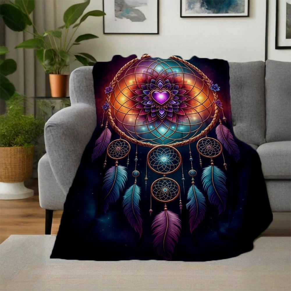 "Bohemian Dreamcatcher Wall Art: Vibrant Feather Mandala Decor"Blanket Flannel Throw Blanket for Sofa, Bed, Travel, Camping, Office, Couch,