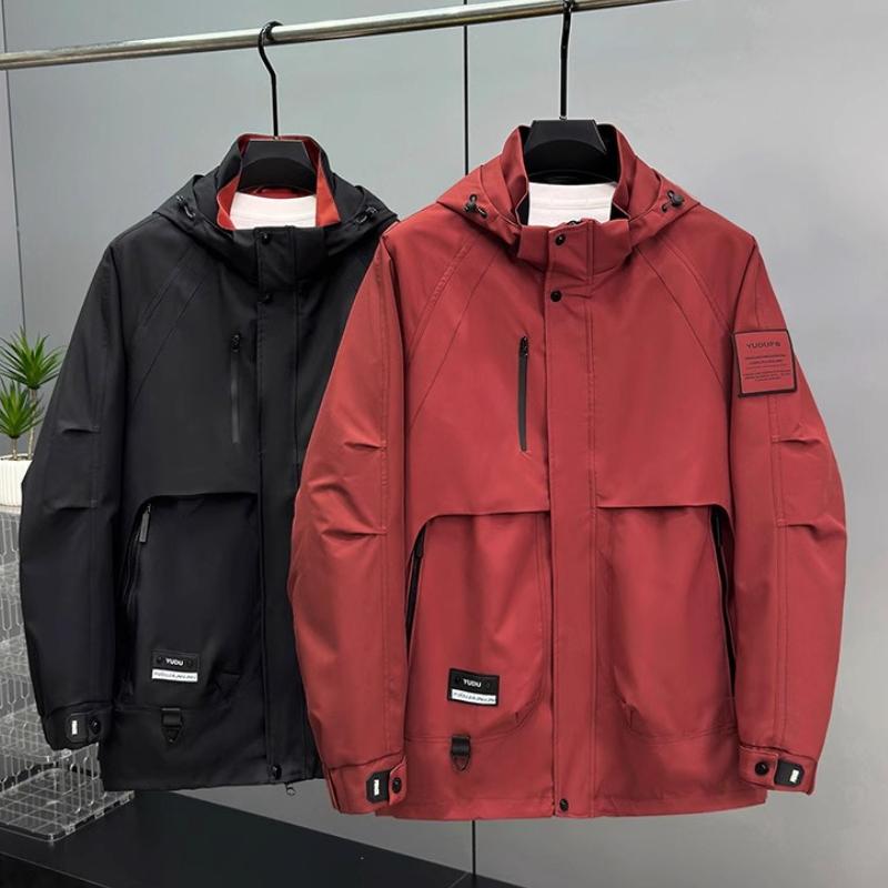 Men's Hooded Windbreaker Jacket In Black and Burgundy Large Size