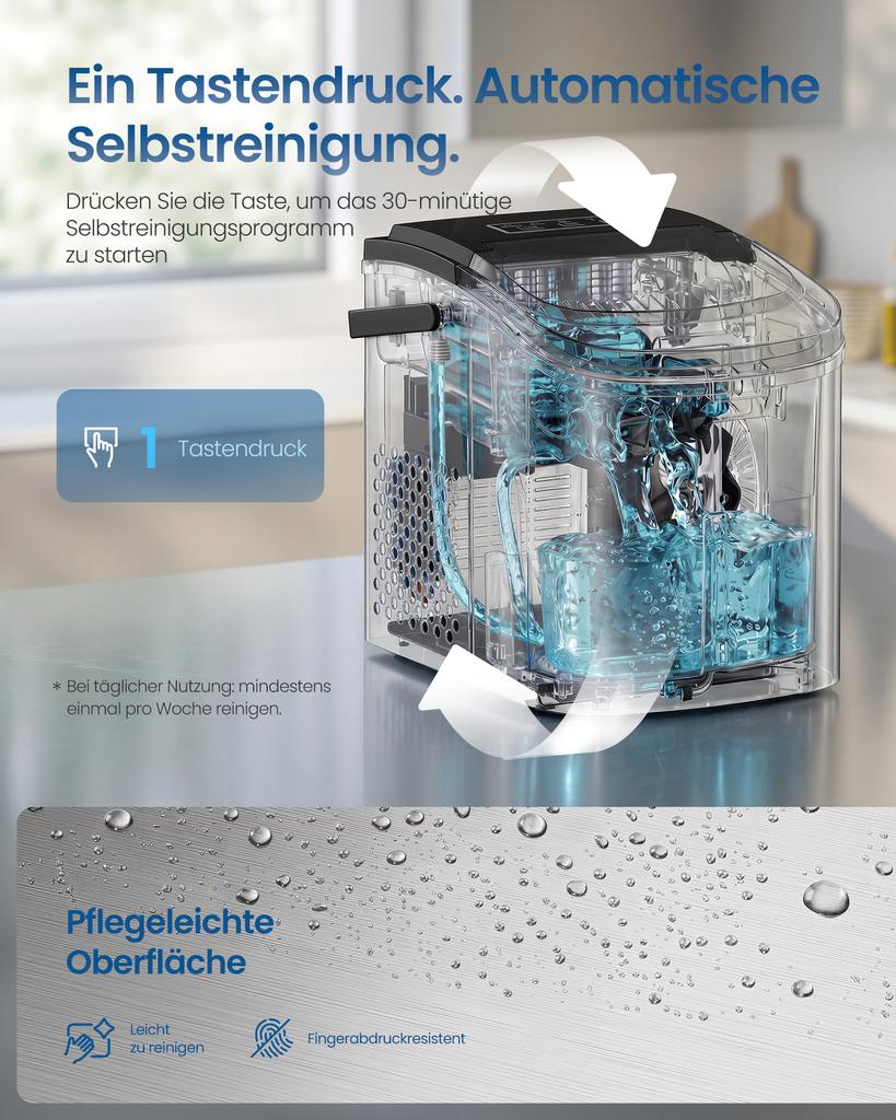 SONGMICS Ice Machine, Self-Cleaning Cube Machine, 9 Cubes in 6 Minutes in 2 Sizes, 12 kg in 24 Hours, Portable, Home, Kitchen, Office, Parties