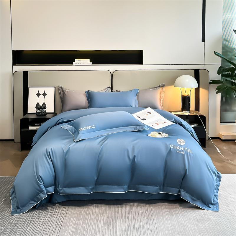 Embroidery Pure Cotton Four-piece Quilt Cover Solid Color Bed Sheet Light Luxury Style Bedding
