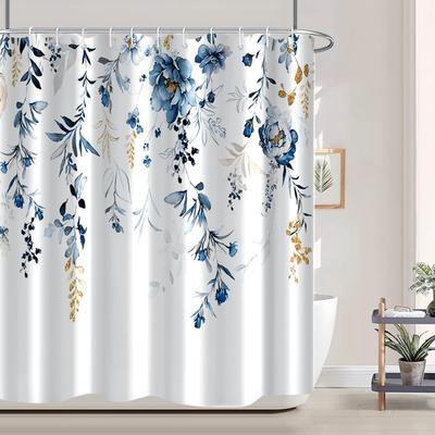 Blue Watercolor Leaves Shower Curtain, Botanical Plants Design Waterproof Bathroom Decor with Hooks