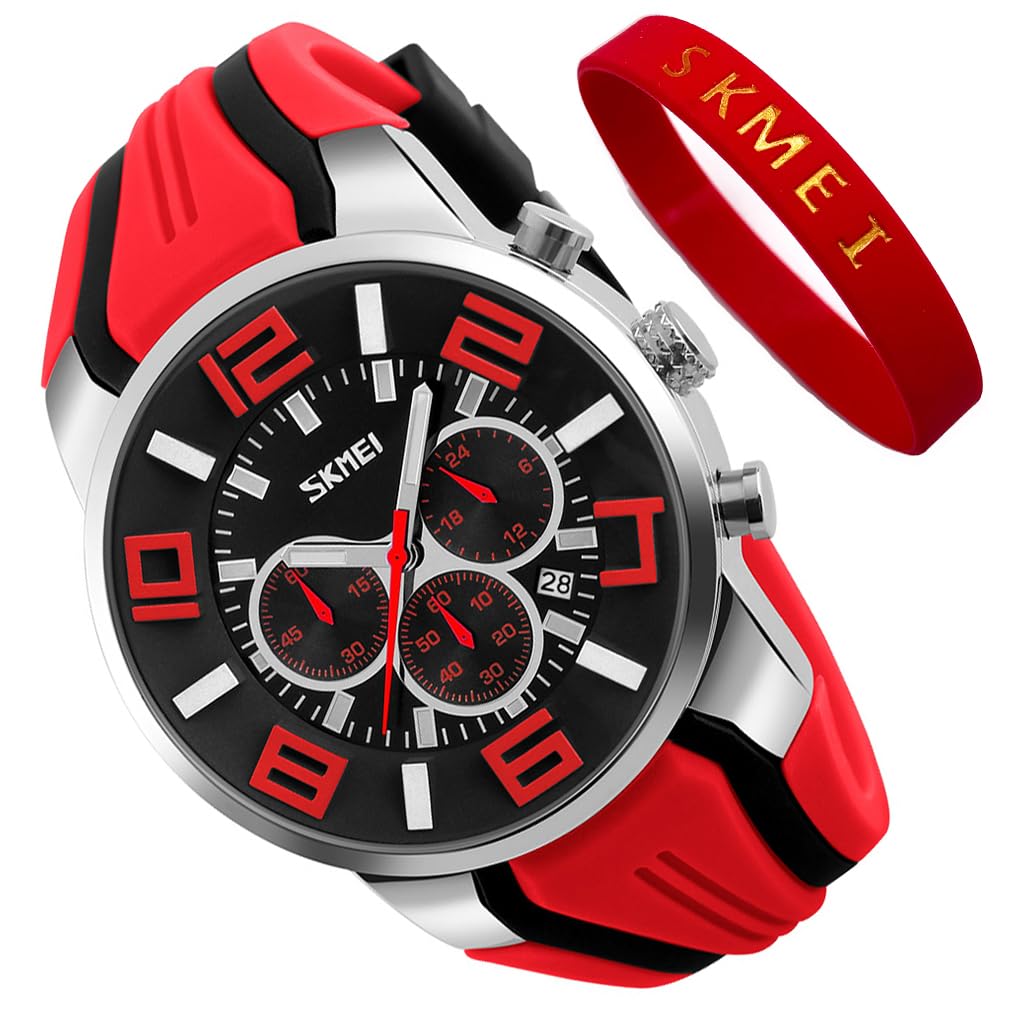 

Men s Silicone Watch, Stylish Casual Sport Watch, Big Face, Waterproof, Chronograph, Analog, Date Display, Fluorescent, Luxury, Red, Gift for Men
