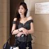 Pure Desire Spice Girl Slim One-word Shoulder Plaid Waist Two-wear Shirt Women's Summer White Lace Slim Short Top