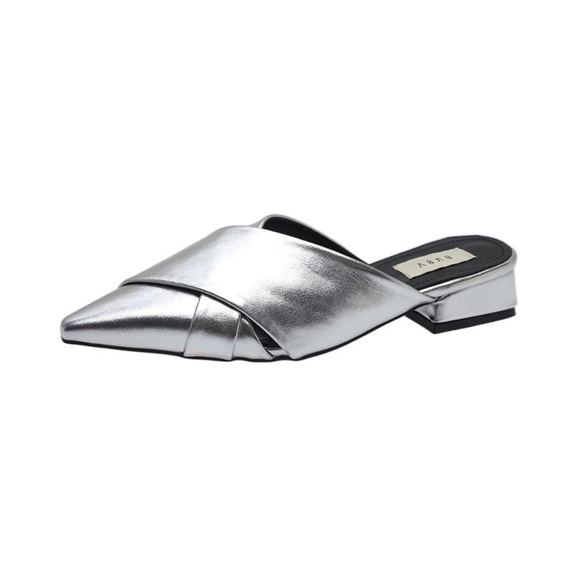 Fashion French Style Silver Headed Half Slippers for Women's 2024 New Summer Mary Jane Cool Slippers Women Sandals