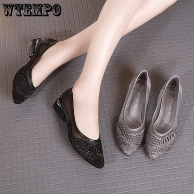 Women's Summer Mesh Large Size Sandals Hollow Out Breathable Low Heel Pointed Women's Shoes Solid Color Versatile Shallow Hole Shoes