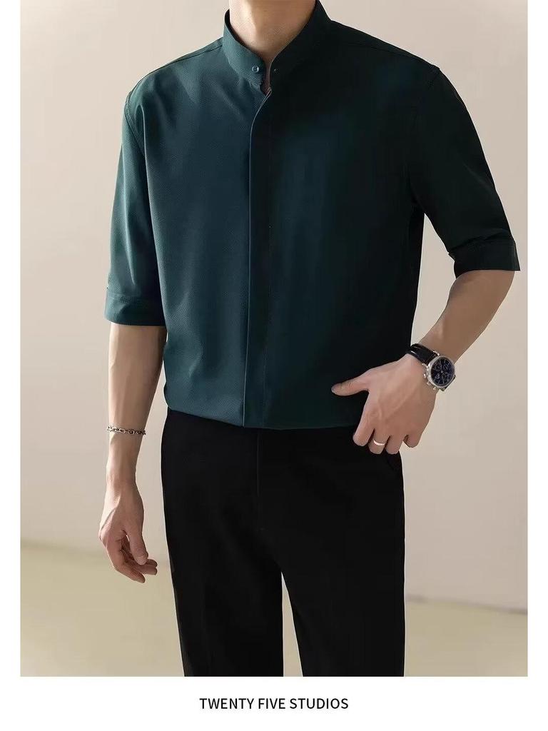2024 Men's Ink Green Stand Collar Loose Fit Mid-Sleeve Shirt