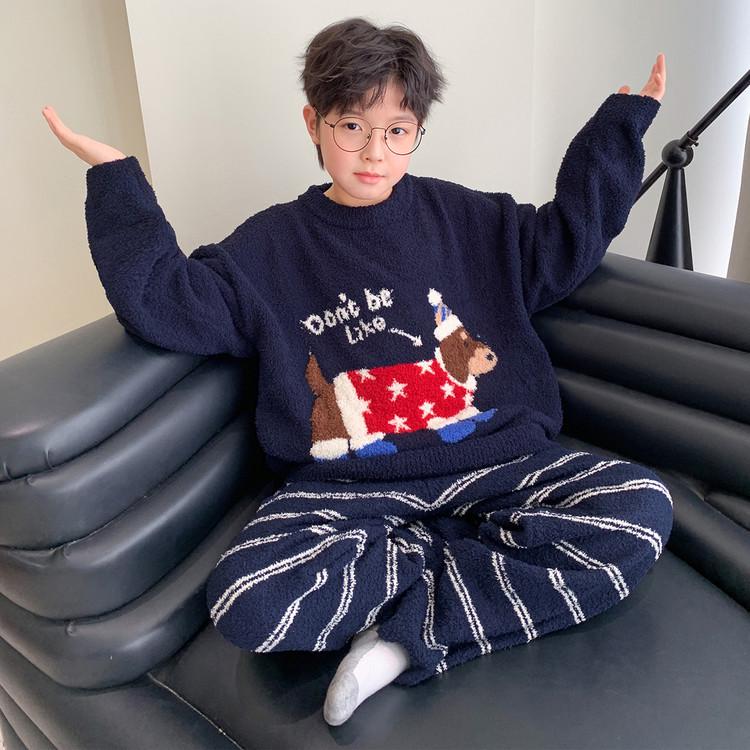 Boys Winter 2025 Coral Fleece Pajama Set with Velvet - Ages 10+ 150 cm