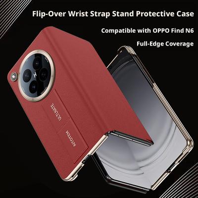 Per Oppo Find N6 Custodia in Pelle PU Nappa Doppia Cerniera Protezione Fotocamera Cinturino da Polso Supporto Cinturino per Dita Copertura Flip