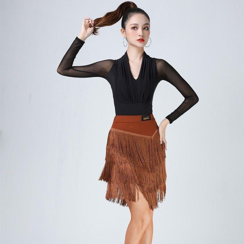 Womens Latin Dance Skirt With Fringe Layers Sequin Mesh Performance Wear Stage Ballroom Dancing