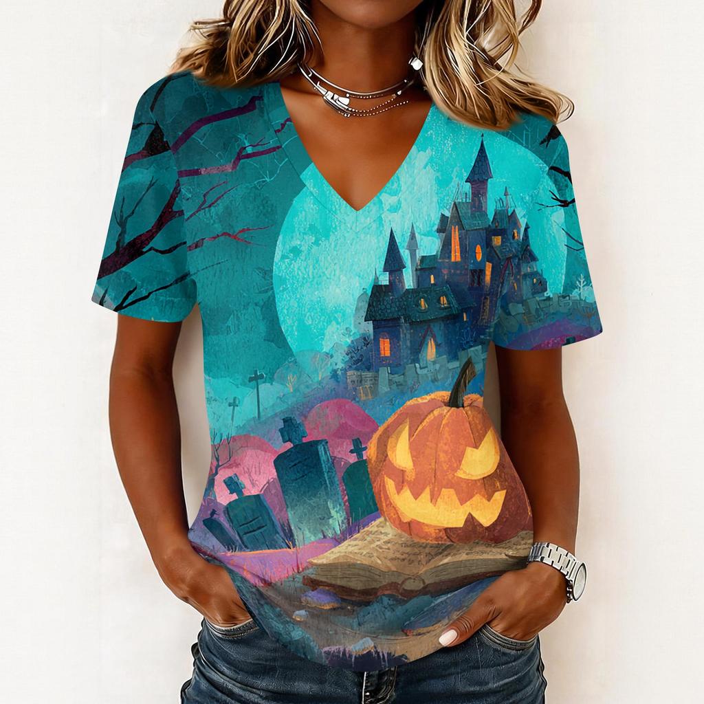 Women's Casual Short Sleeve V Neck Pullover Top Halloween Themed Graphic Print Lightweight Comfortable Fit