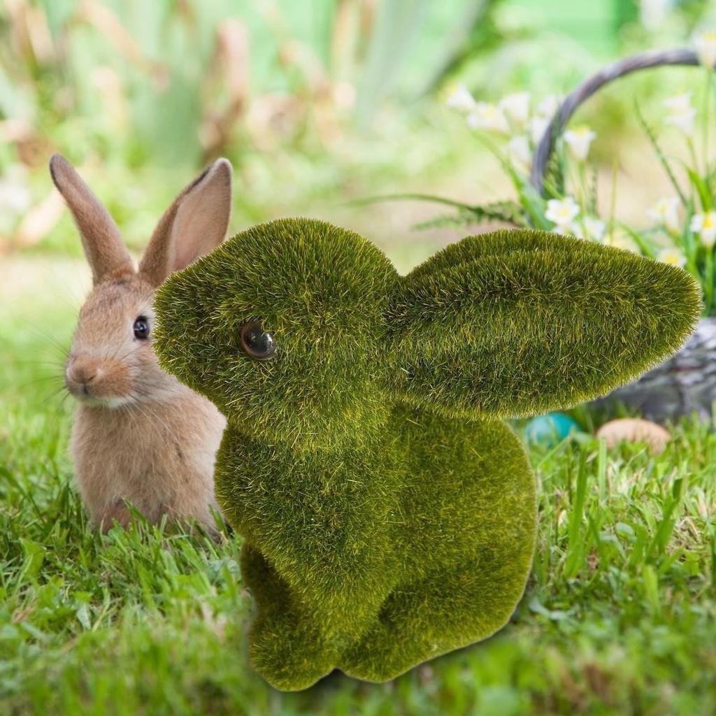 Easter Artificial Moss Rabbit Ornament Flocking Standing Rabbit Statue Figurine Sculpture for Garden Lawn Yard Decors