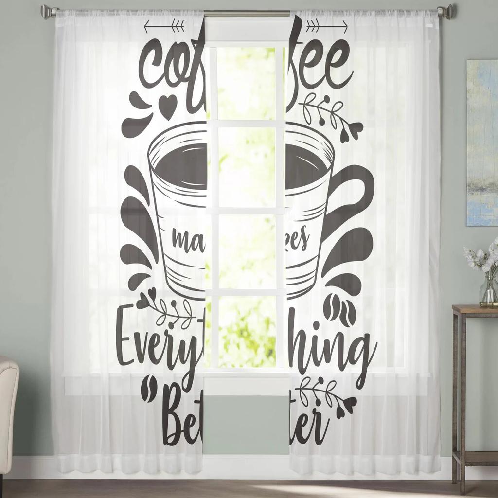 Coffee Tulle Curtains For Living Room Decoration Modern Chiffon Sheer Voile Kitchen Curtain