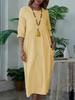 Elegant Women's Mid-Length Solid Color Dress with 3/4 Sleeves and Round Neck