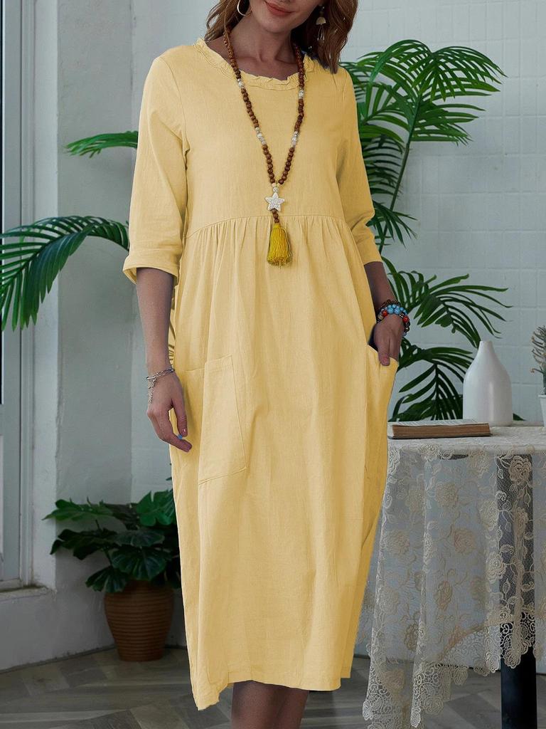 Elegant Women's Mid-Length Solid Color Dress with 3/4 Sleeves and Round Neck