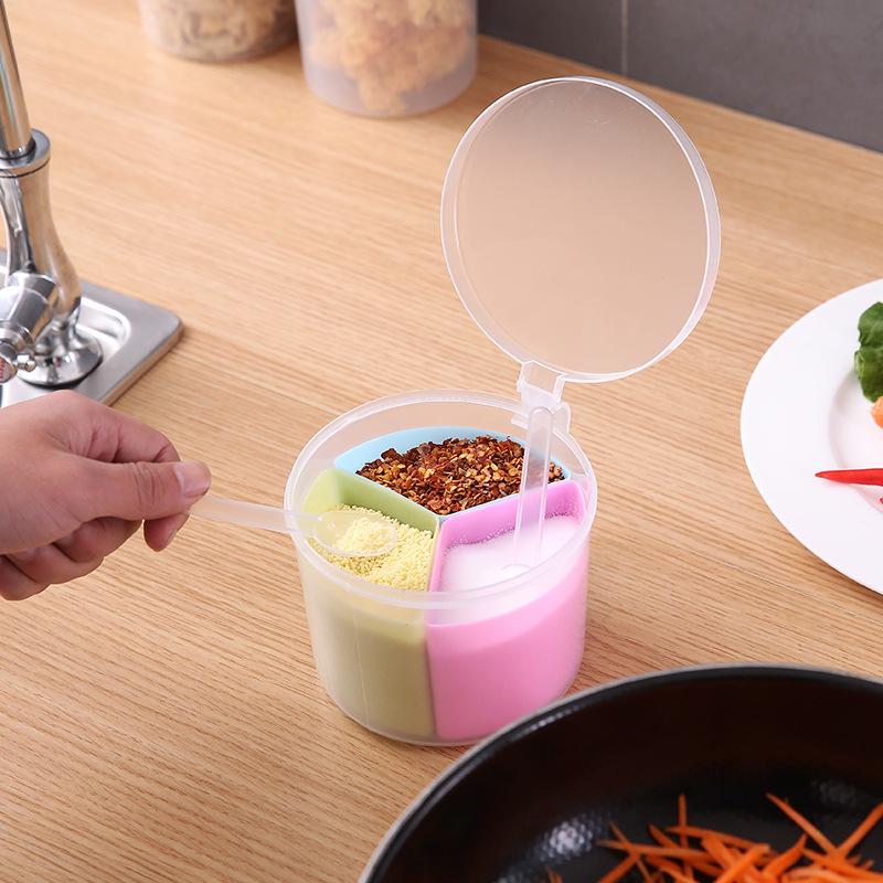 3-Grid Thickened Seasoning Box - Circular Grid Design Multi-Purpose  Kitchen Spice/Salt Storage Set with 3pcs Spoons Included