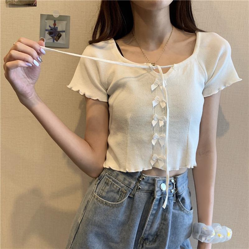 Square Collar Knitted Short-sleeved T-shirt for Women In Summer Niche Design Short Hot Girl Outfit Top