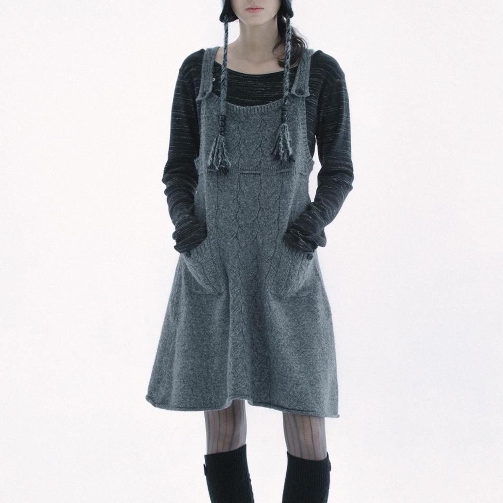 Op voorraad: Hugyourski Koreaanse Stijl Kabelgebreide Vintage Midi Trui Jurk voor Dames