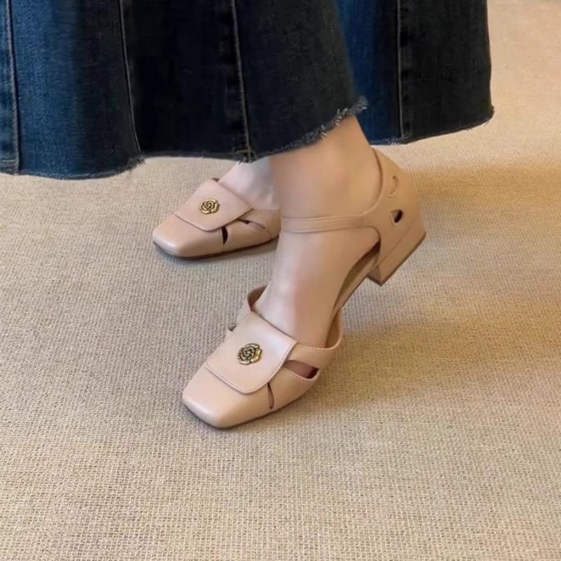 French Toe Sandals Women's Summer Thick Heel High Heels Hollow Mary Jane Single Shoes