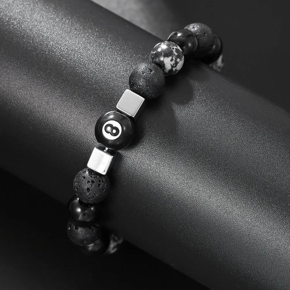 Retro Fashion 10mm Natural Black Agate Stone Beaded Bracelet for Men Punk Style Number 8 Cross Bangle Hip Hop Rock Jewelry Gift