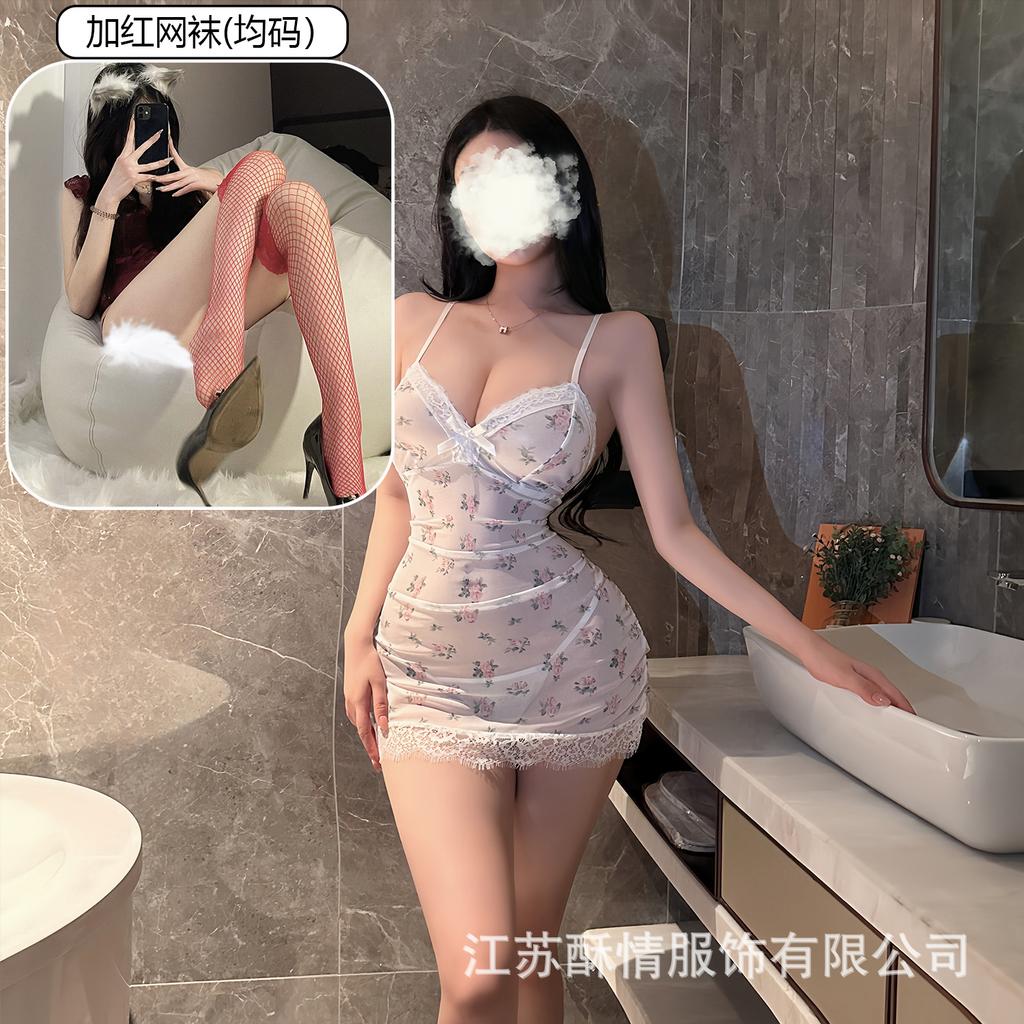 Underwear lace hollow deep V hip skirt sexy perspective mesh floral suspender nightdress