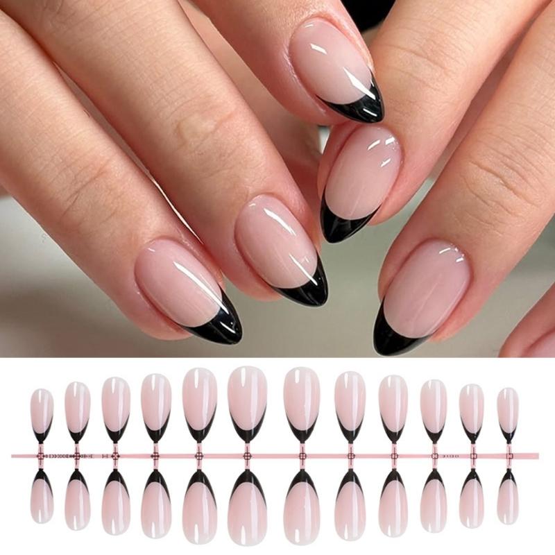 24 Pcs Short Almond Acrylic Nail Simple Full Cover Stick On Nail French Tip Press On Nail Simple False Nail