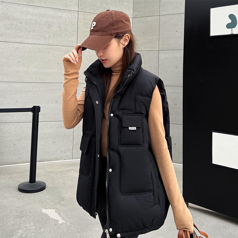 

Женский универсальный жилет на пуху с хлопковой подкладкой в корейском стиле - Короткий, свободный, со стойкой воротником для осени/зимы 3XL чёрный