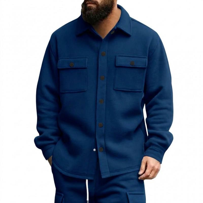 Mens Fleece Jacket Casual Solid Color Collared Single-Breasted Windproof Workwear Young Adults