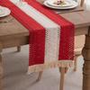 American Cotton Linen Table Runner, Natural Color with Tassels, Stripes, Diamonds, and Plaid Pattern for Dining Table or Sideboard Decoration.