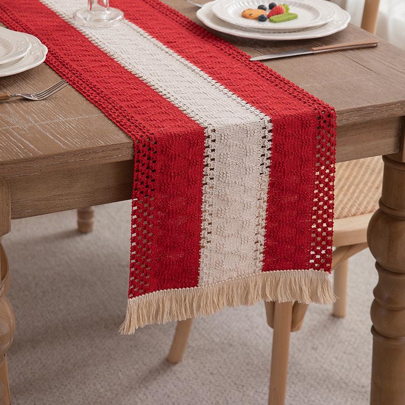 American Cotton Linen Table Runner, Natural Color with Tassels, Stripes, Diamonds, and Plaid Pattern for Dining Table or Sideboard Decoration.
