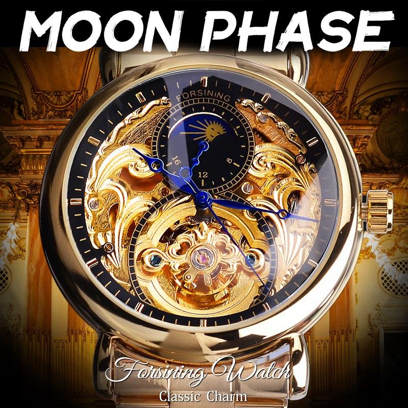 Forsining Orologio da uomo alla moda, per il tempo libero, con intagli lunari scavati e orologio meccanico scavato