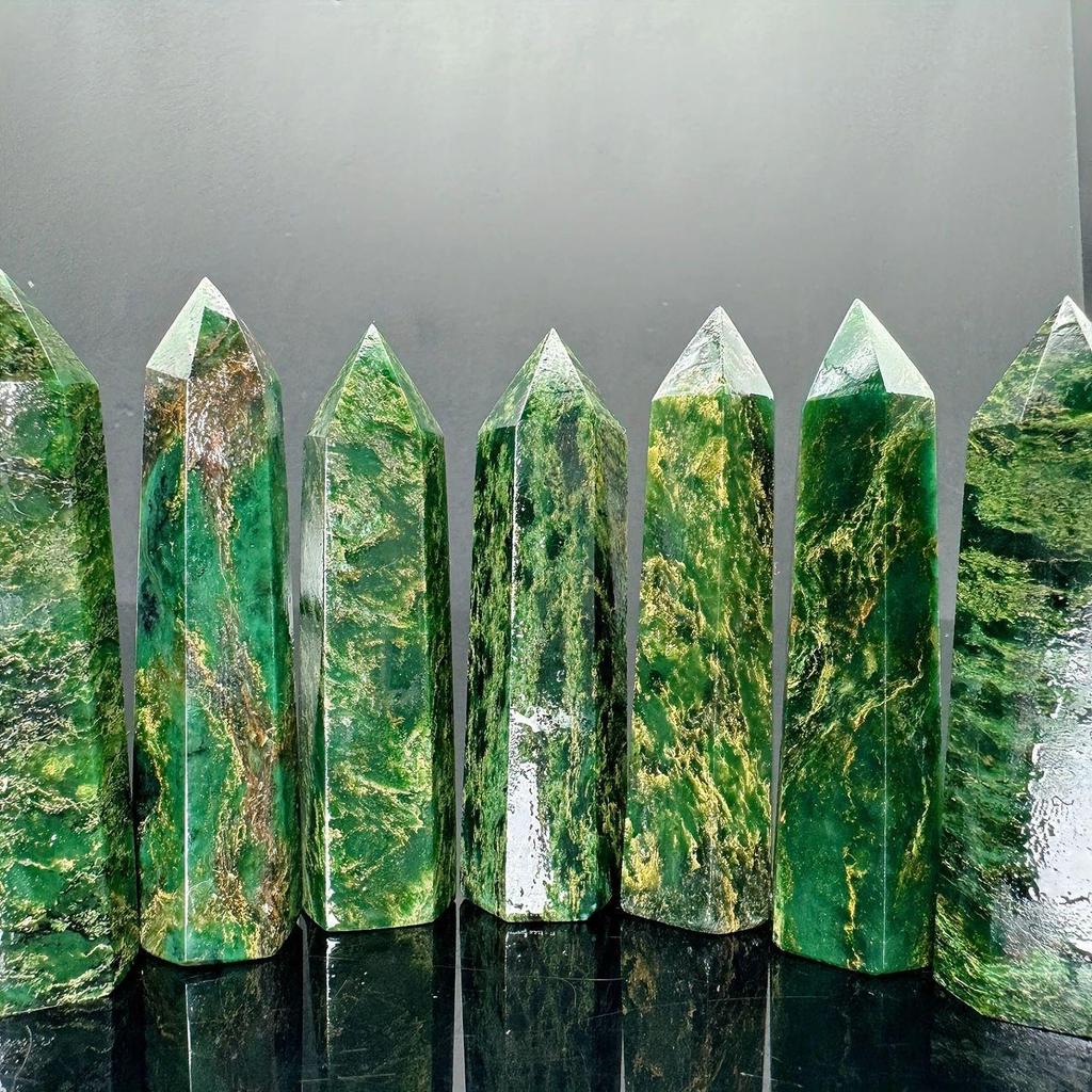 Emerald and Golden Green Aventurine Hexagonal Column Polished Ornament