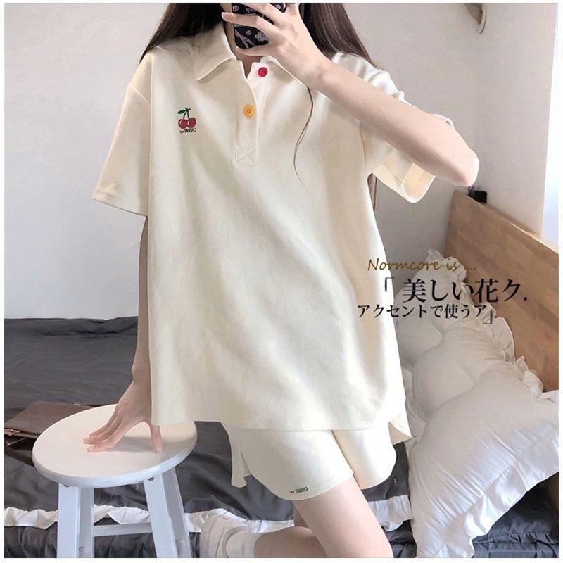 Women 2 Piece Outfits Cherry Embroidery Polo Shirt + Shorts Set Casual Tracksuit