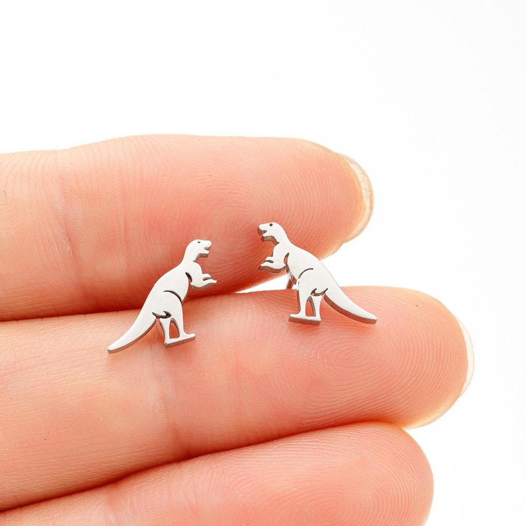 Korean-Style Cute Dinosaur Stud Earrings for Women - Adorable Mini Animal Cartoon Designs In Stainless Steel.