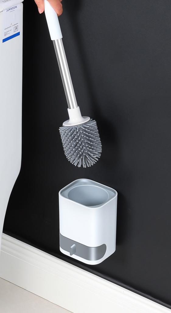 Punch-Free Wall Mounted Toilet Brush with Drainable Base Long Handle Plastic Silicone Toilet Cleaning Brush Bathroom Accessories