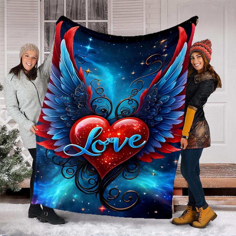 1pc Heart Wings Love Throw Blanket Polyester Fiber, Lightweight Flannel, Soft & Warm, All Season Use for Outdoor, Camping