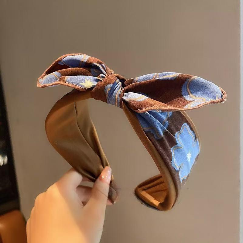 High-End Floral Blue Coffee Bow Headband: Versatile Women's Wide-Brim Hair Accessory