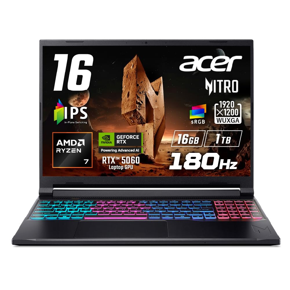 Acer Nitro V 16S AI Desktop PC with Ryzen 7 RTX 16GB 1TB WUXGA IPS Matte 180Hz Dual Quad sRGB WiFi Bluetooth MUX Windows English Keyboard 260, 5060,