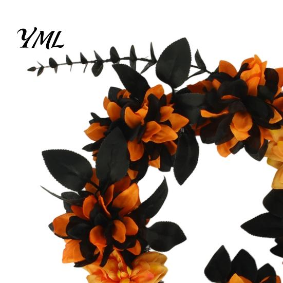 Durable Reusable Holiday Ornament Halloween Wreath for Front Door, Artificial Fall Maple Leaf Rose Pumpkin Rustic Farmhouse Seasonal Accents