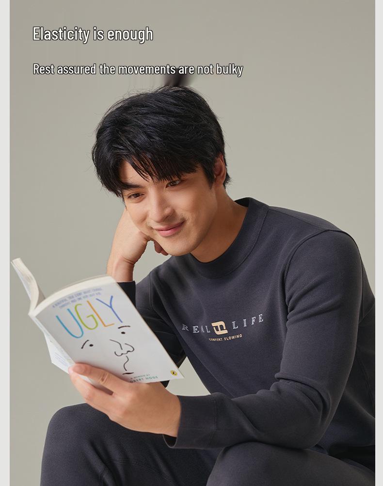 Men's Teen Fleece-Lined Thermal Set: Extra Thick Crew Neck Top & Trousers for Autumn/Winter Wear.